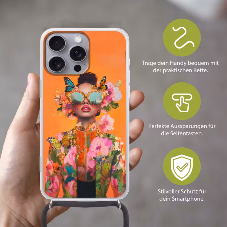Vlinders - Vrouw - Zonnebril - Kleurrijk Hoesje iPhone 16 Pro Max met koord klein -sfeer2_DE
