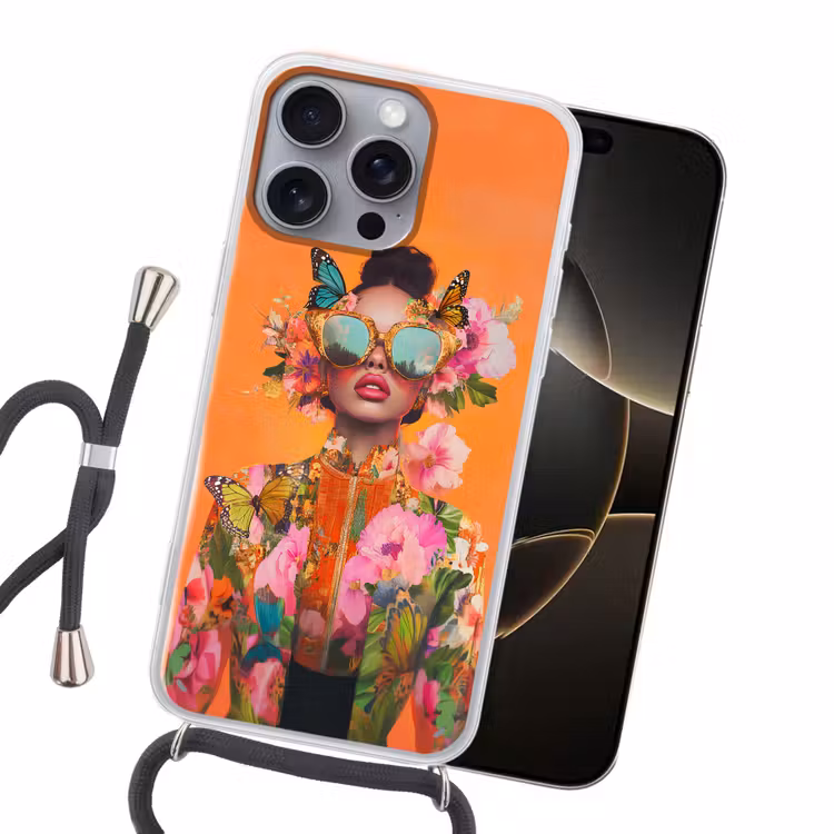 Vlinders - Vrouw - Zonnebril - Kleurrijk Hoesje iPhone 16 Pro Max met koord klein -sfeer1