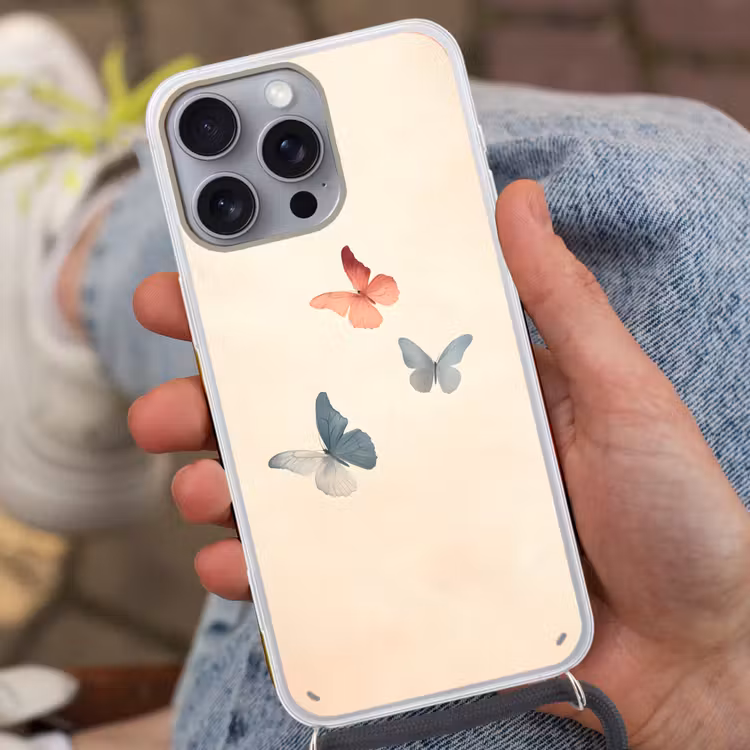 Vlinders - Minimalistisch - Roze Hoesje iPhone 16 Pro Max met koord klein -sfeer3