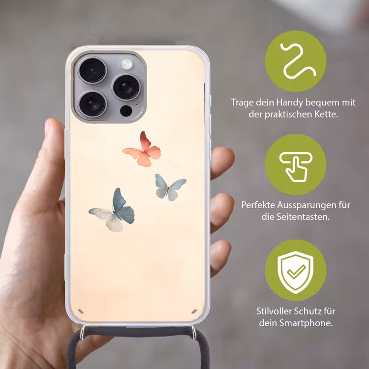 Vlinders - Minimalistisch - Roze Hoesje iPhone 16 Pro Max met koord klein -sfeer2_DE