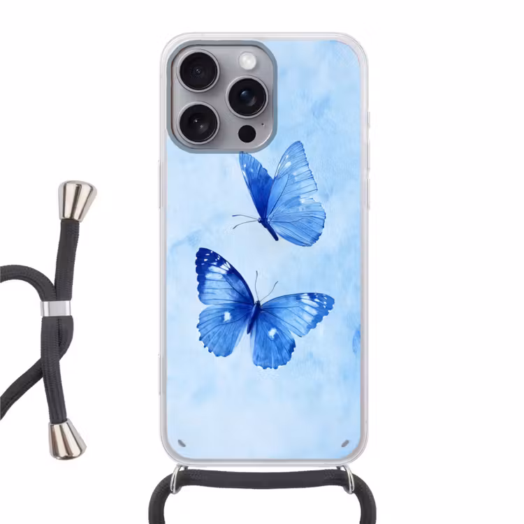 Vlinders - Sierlijk - Blauw Hoesje iPhone 16 Pro Max met koord klein -3d