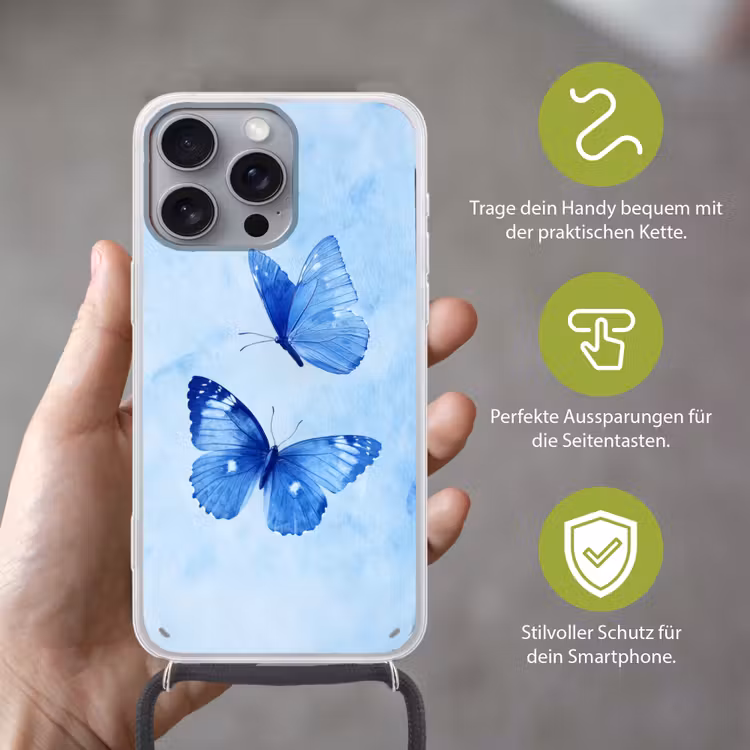 Vlinders - Sierlijk - Blauw Hoesje iPhone 16 Pro Max met koord klein -sfeer2_DE