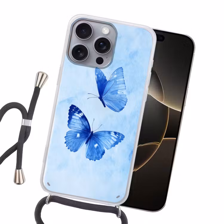Vlinders - Sierlijk - Blauw Hoesje iPhone 16 Pro Max met koord klein -sfeer1