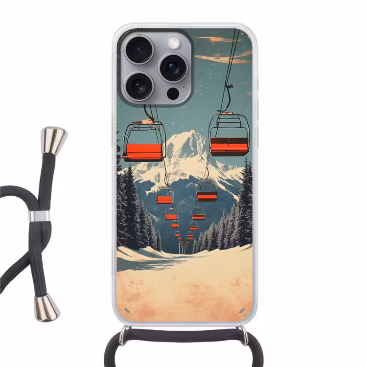 Sneeuw - Skilift - Rood - Bomen Hoesje iPhone 16 Pro Max met koord klein -3d