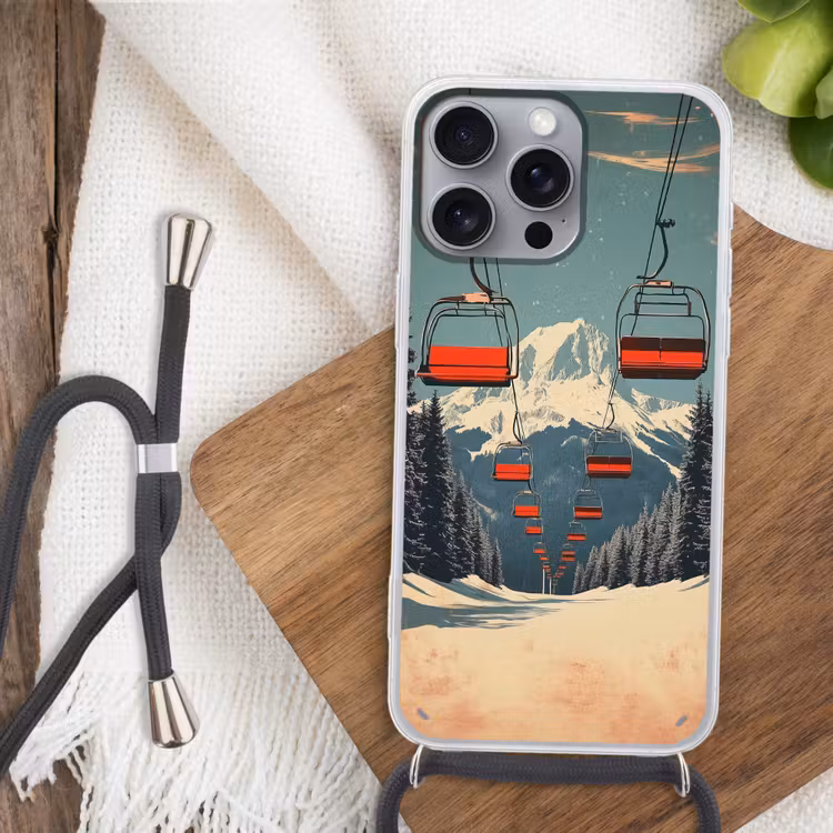 Sneeuw - Skilift - Rood - Bomen Hoesje iPhone 16 Pro Max met koord klein -sfeer4