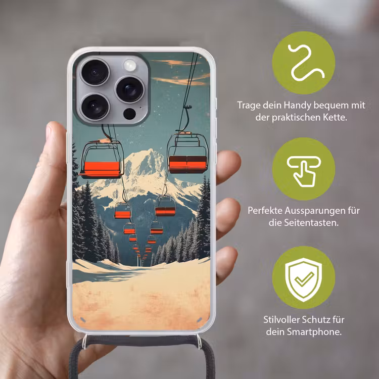 Sneeuw - Skilift - Rood - Bomen Hoesje iPhone 16 Pro Max met koord klein -sfeer2_DE