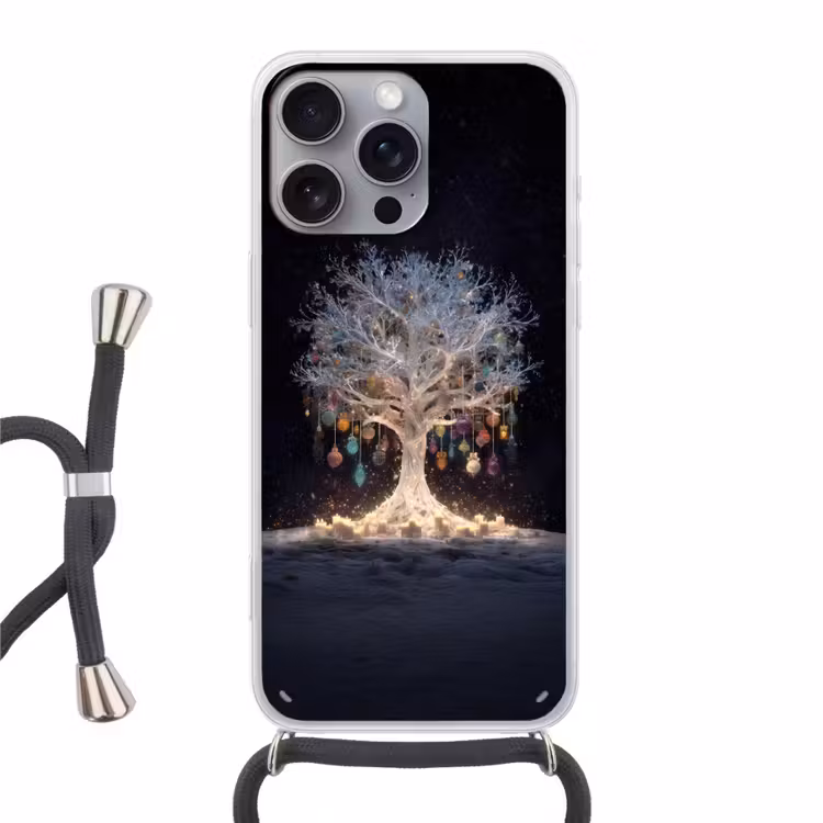 Sneeuwboom - Lichtjes - Wit - Kleurrijk Hoesje iPhone 16 Pro Max met koord klein -3d