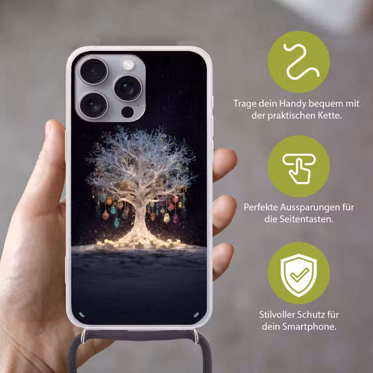 Sneeuwboom - Lichtjes - Wit - Kleurrijk Hoesje iPhone 16 Pro Max met koord klein -sfeer2_DE