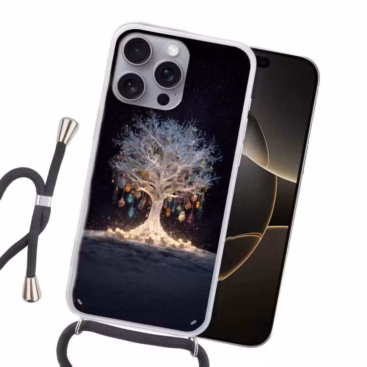 Sneeuwboom - Lichtjes - Wit - Kleurrijk Hoesje iPhone 16 Pro Max met koord klein -sfeer1