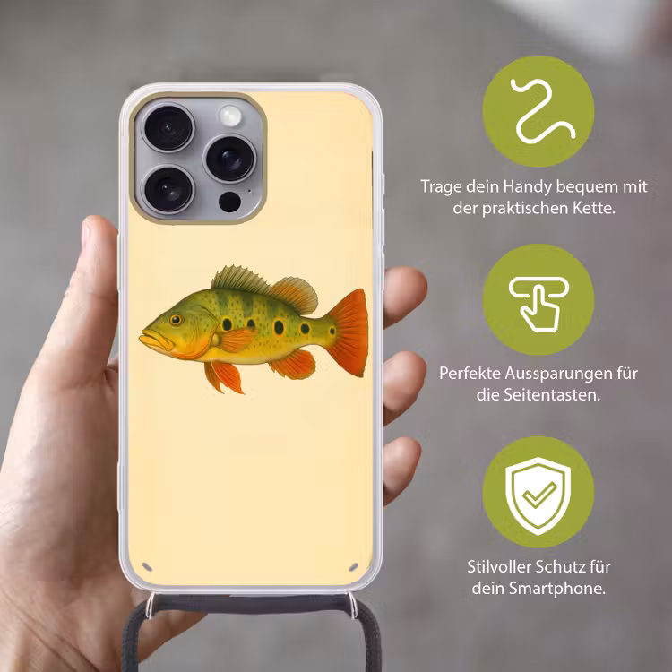Schubben - Vis - Groen - Illustratie Hoesje iPhone 16 Pro Max met koord klein -sfeer2_DE