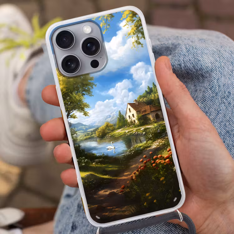 Zwaan - Bomen - Rust Hoesje iPhone 16 Pro Max met koord klein -sfeer3