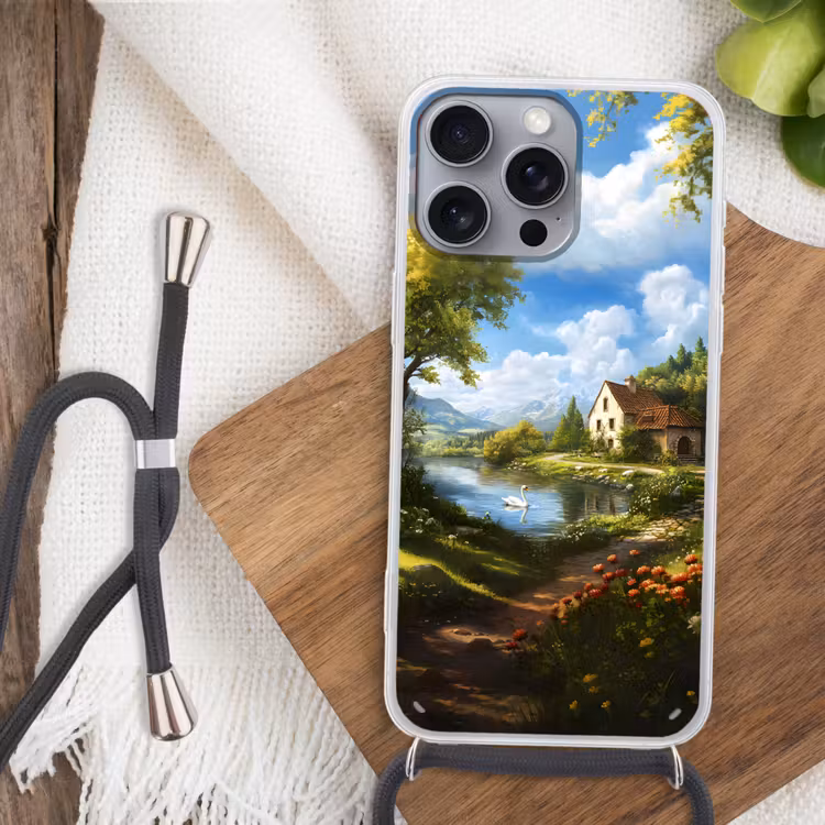 Zwaan - Bomen - Rust Hoesje iPhone 16 Pro Max met koord klein -sfeer4