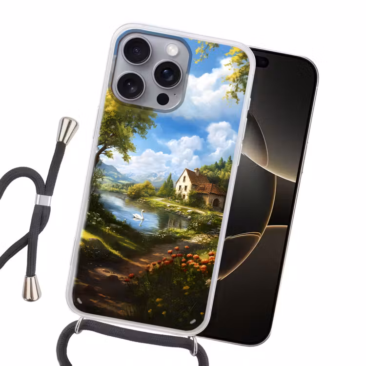 Zwaan - Bomen - Rust Hoesje iPhone 16 Pro Max met koord klein -sfeer1