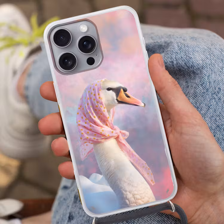 Zwaan - Sjaaltje - Pastelwolken Hoesje iPhone 16 Pro Max met koord klein -sfeer3