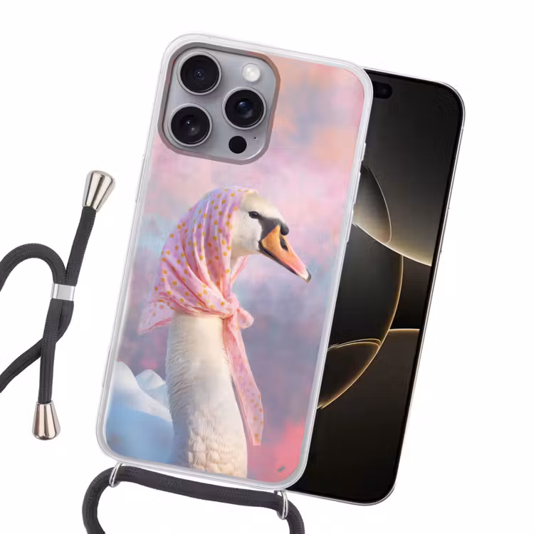 Zwaan - Sjaaltje - Pastelwolken Hoesje iPhone 16 Pro Max met koord klein -sfeer1
