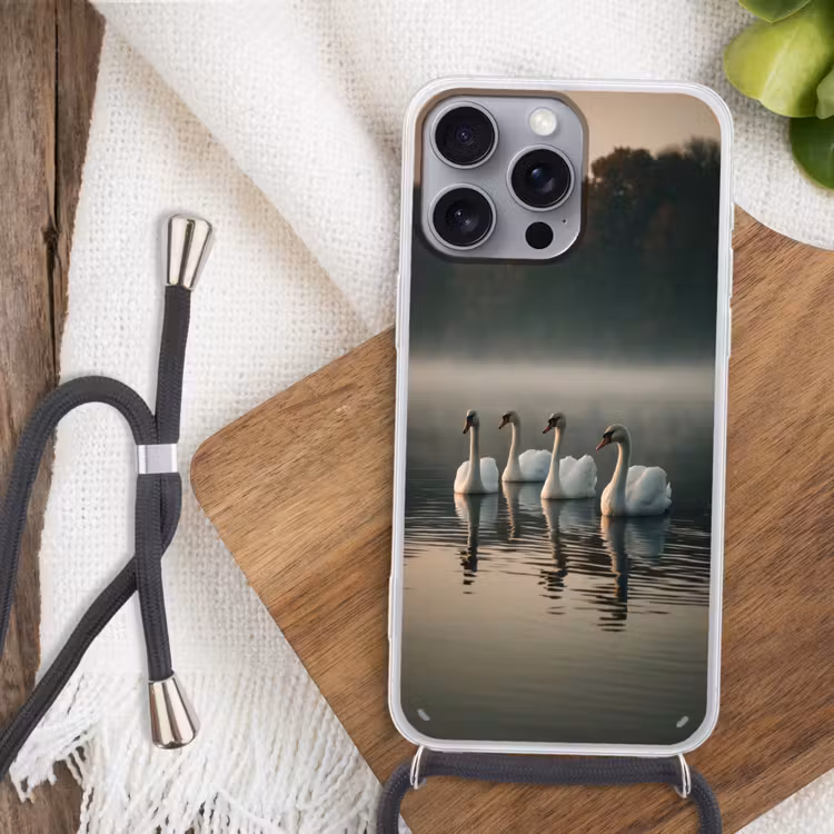 Zwanen - Wit - Water - Mist Hoesje iPhone 16 Pro Max met koord klein -sfeer4