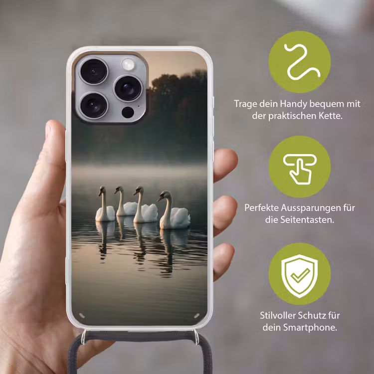 Zwanen - Wit - Water - Mist Hoesje iPhone 16 Pro Max met koord klein -sfeer2_DE