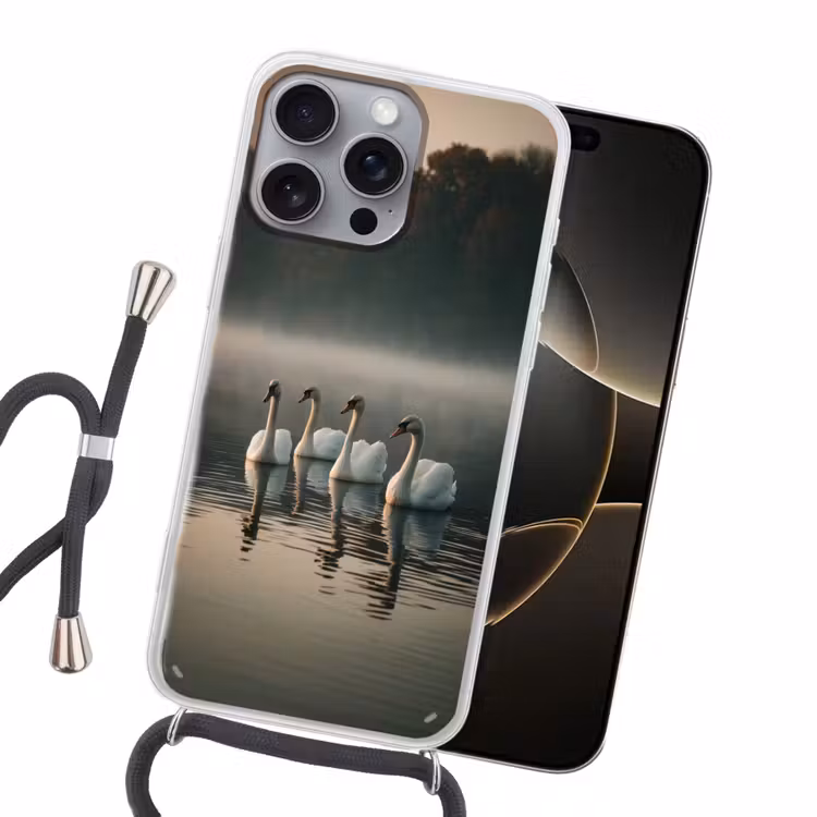 Zwanen - Wit - Water - Mist Hoesje iPhone 16 Pro Max met koord klein -sfeer1