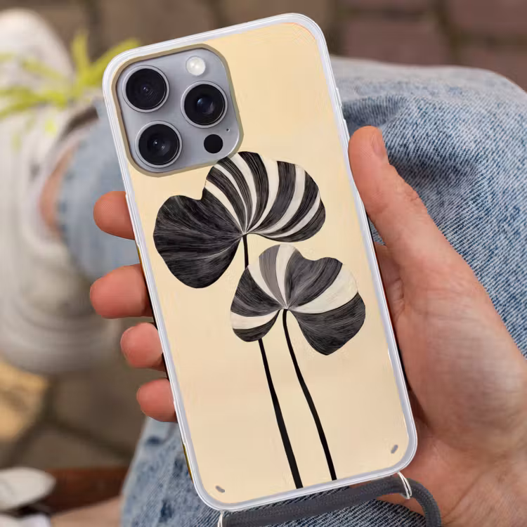 Zwart - Bladeren - Strepen - Minimalistisch Hoesje iPhone 16 Pro Max met koord klein -sfeer3