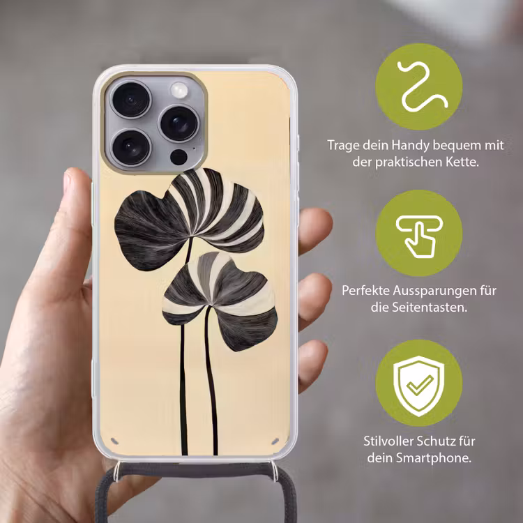 Zwart - Bladeren - Strepen - Minimalistisch Hoesje iPhone 16 Pro Max met koord klein -sfeer2_DE
