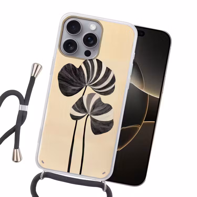 Zwart - Bladeren - Strepen - Minimalistisch Hoesje iPhone 16 Pro Max met koord klein -sfeer1