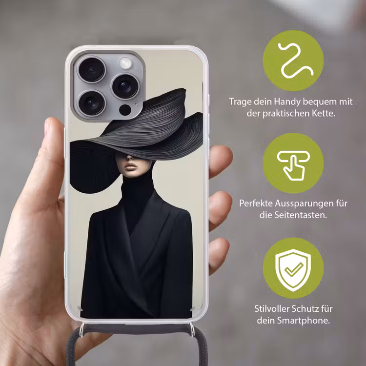 Zwart - Vrouw - Hoed Hoesje iPhone 16 Pro Max met koord klein -sfeer2_DE
