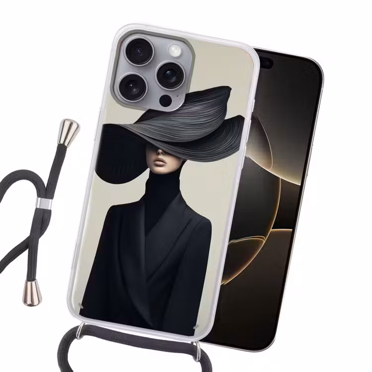 Zwart - Vrouw - Hoed Hoesje iPhone 16 Pro Max met koord klein -sfeer1