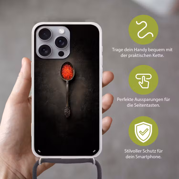 Zwart - Lepel - Caviar Hoesje iPhone 16 Pro Max met koord klein -sfeer2_DE