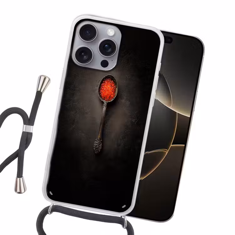 Zwart - Lepel - Caviar Hoesje iPhone 16 Pro Max met koord klein -sfeer1