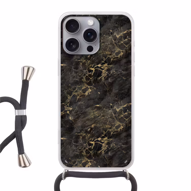 Zwart - Marmer - Goud - Nerf Hoesje iPhone 16 Pro Max met koord klein 804 -3d