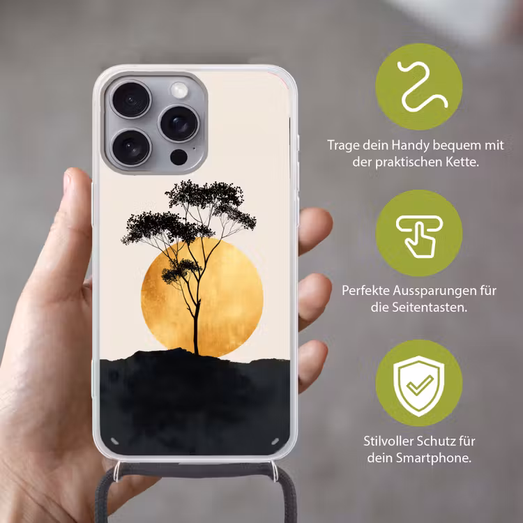 Zwarte boom - Gouden cirkel - Heuvel Hoesje iPhone 16 Pro Max met koord klein -sfeer2_DE