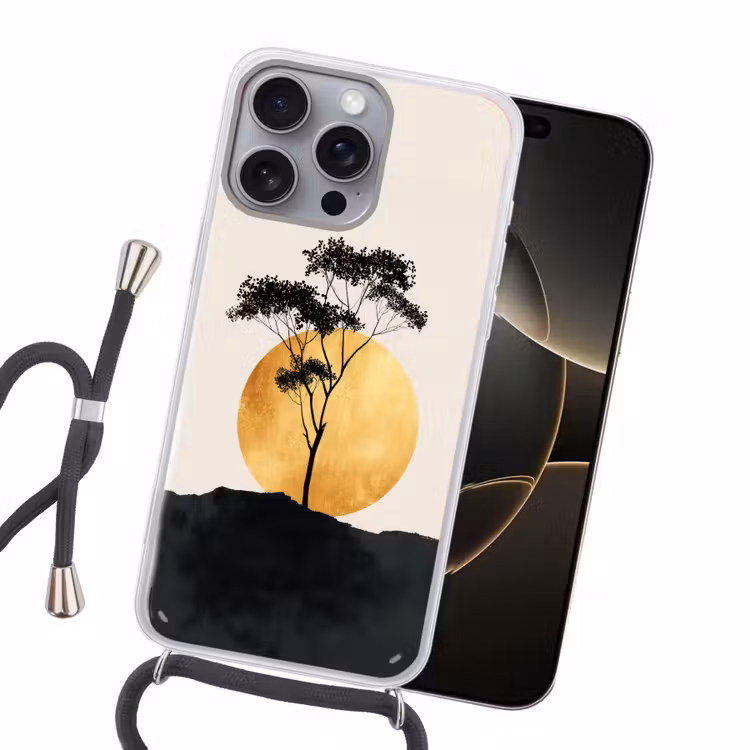 Zwarte boom - Gouden cirkel - Heuvel Hoesje iPhone 16 Pro Max met koord klein -sfeer1