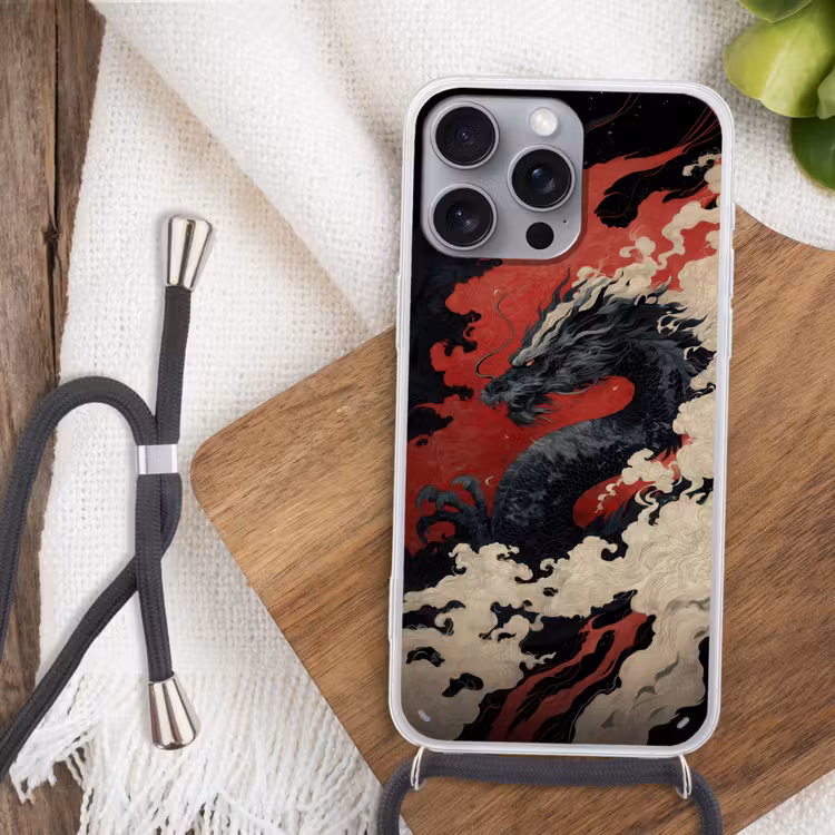 Zwarte draak - Rookwolken - Rood Hoesje iPhone 16 Pro Max met koord klein -sfeer4