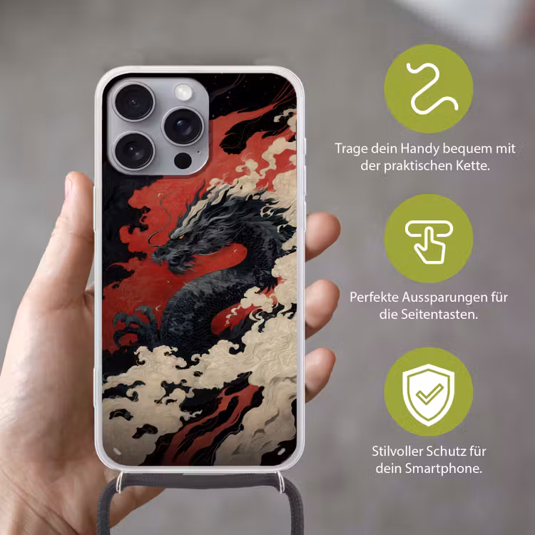 Zwarte draak - Rookwolken - Rood Hoesje iPhone 16 Pro Max met koord klein -sfeer2_DE