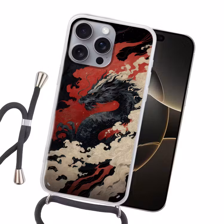 Zwarte draak - Rookwolken - Rood Hoesje iPhone 16 Pro Max met koord klein -sfeer1