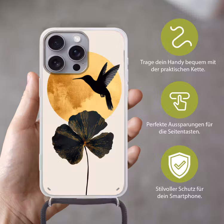 Zwarte kolibrie - Bloem - Gouden cirkel Hoesje iPhone 16 Pro Max met koord klein -sfeer2_DE
