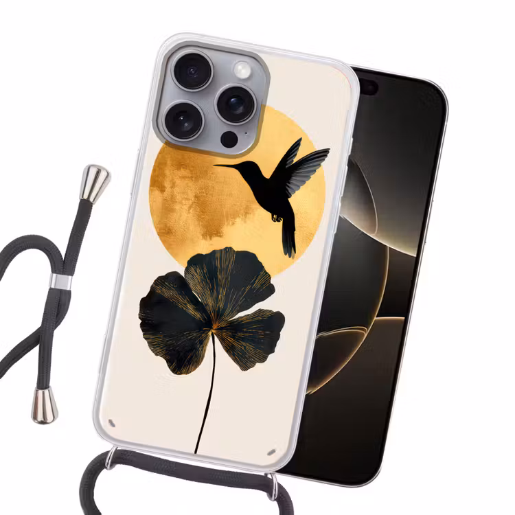 Zwarte kolibrie - Bloem - Gouden cirkel Hoesje iPhone 16 Pro Max met koord klein -sfeer1