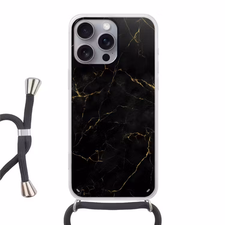 Zwart marmer - Gouden aders - Klassiek Hoesje iPhone 16 Pro Max met koord klein -3d