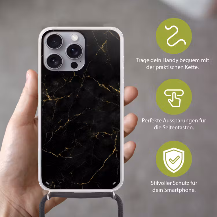 Zwart marmer - Gouden aders - Klassiek Hoesje iPhone 16 Pro Max met koord klein -sfeer2_DE
