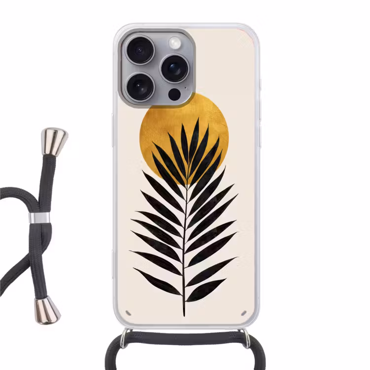 Zwart palmblad - Gouden cirkel - Beige achtergrond Hoesje iPhone 16 Pro Max met koord klein -3d