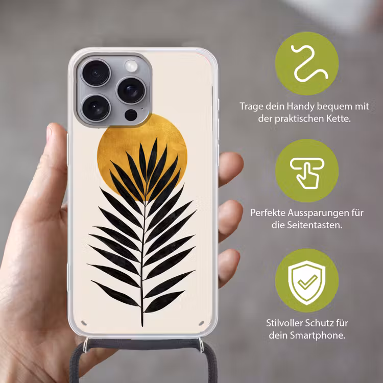 Zwart palmblad - Gouden cirkel - Beige achtergrond Hoesje iPhone 16 Pro Max met koord klein -sfeer2_DE