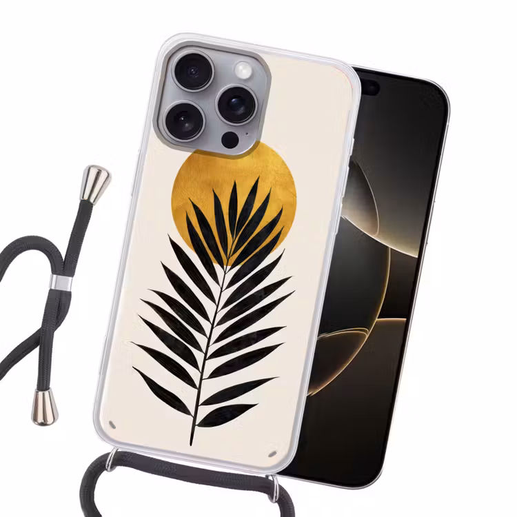 Zwart palmblad - Gouden cirkel - Beige achtergrond Hoesje iPhone 16 Pro Max met koord klein -sfeer1