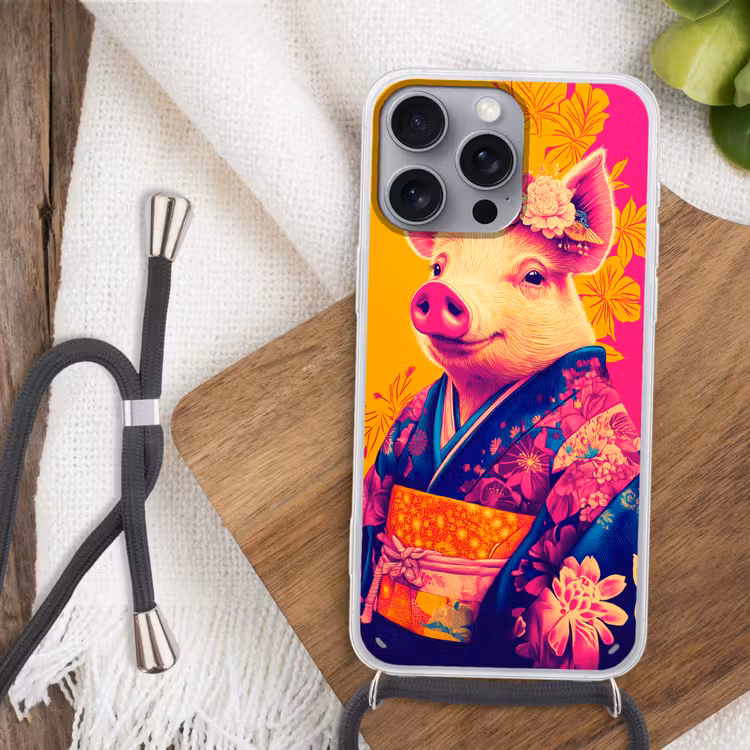 Varken - Bloemkroon - Kimono - Abstract Hoesje iPhone 16 Pro Max met koord klein -sfeer4