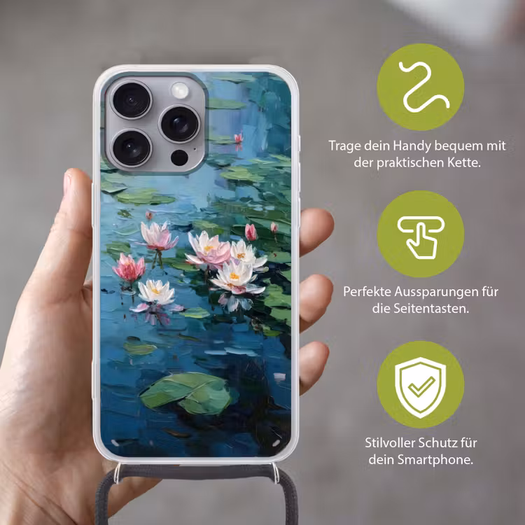 Waterlelies - Bloemen - Roze - Water Hoesje iPhone 16 Pro Max met koord klein -sfeer2_DE
