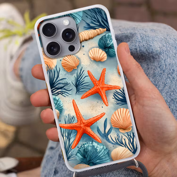 Zeesterren - Schelpen - Illustratie - Zand Hoesje iPhone 16 Pro Max met koord klein -sfeer3