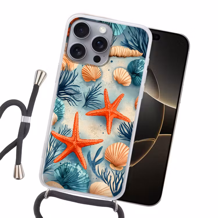 Zeesterren - Schelpen - Illustratie - Zand Hoesje iPhone 16 Pro Max met koord klein -sfeer1