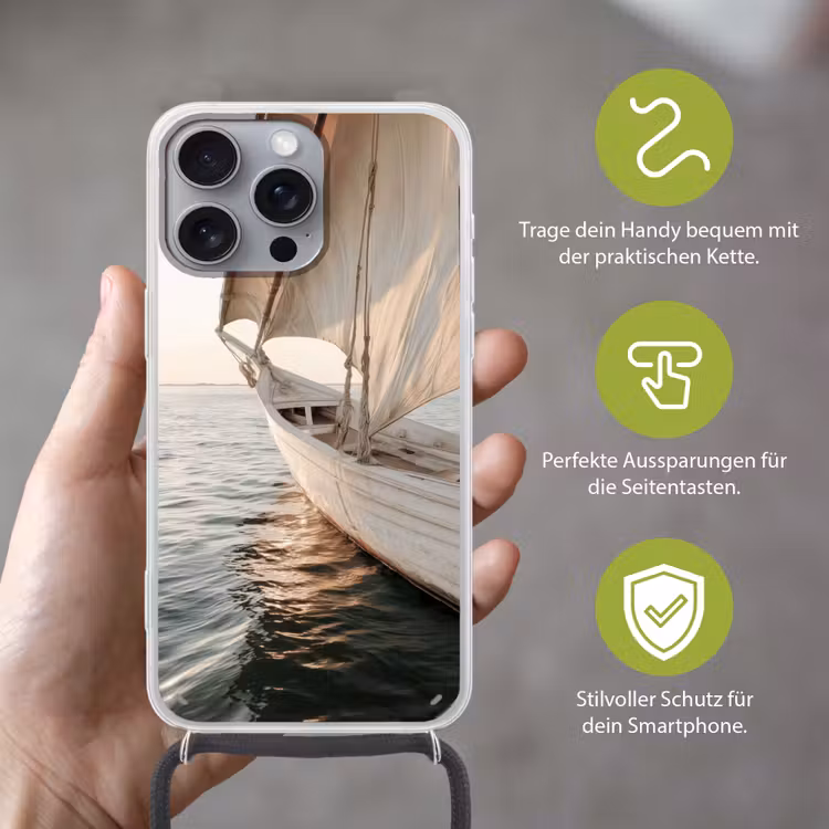 Zeilboot - Zee - Beige - Zon Hoesje iPhone 16 Pro Max met koord klein -sfeer2_DE