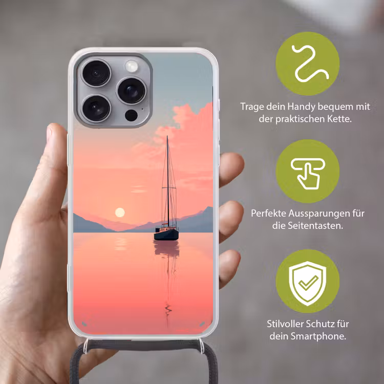 Zeilboot - Roze zee - Zonsondergang - Bergen Hoesje iPhone 16 Pro Max met koord klein -sfeer2_DE