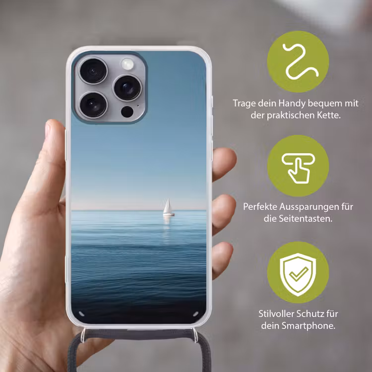 Zeilbootje - Kalme zee - Helderblauwe hemel Hoesje iPhone 16 Pro Max met koord klein -sfeer2_DE