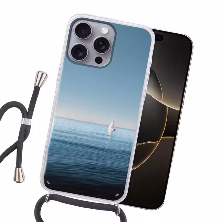 Zeilbootje - Kalme zee - Helderblauwe hemel Hoesje iPhone 16 Pro Max met koord klein -sfeer1